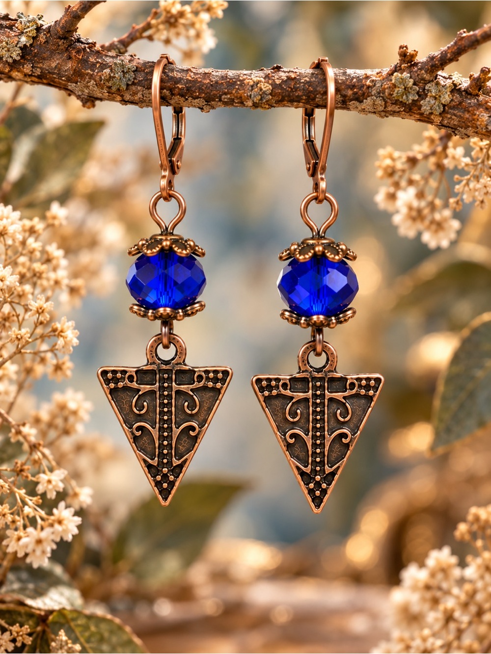 Cobalt Blue Faceted Earrings, Antique Copper Triangle Dangles